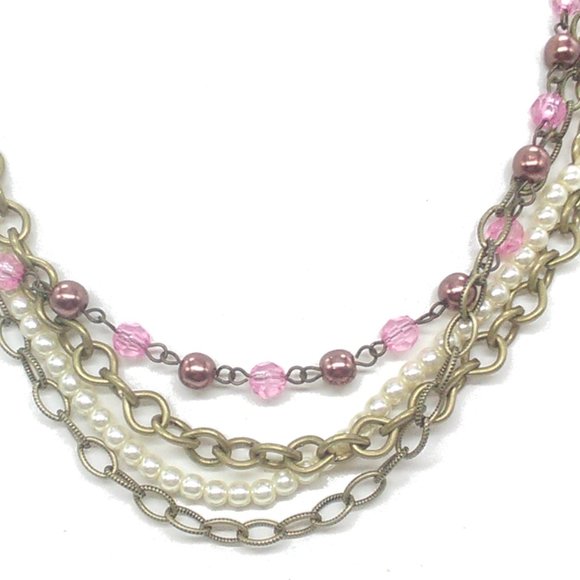 Faux Pearl Beaded Chain Layered Multi-Strand Fashion Necklace 9" - Picture 2 of 5